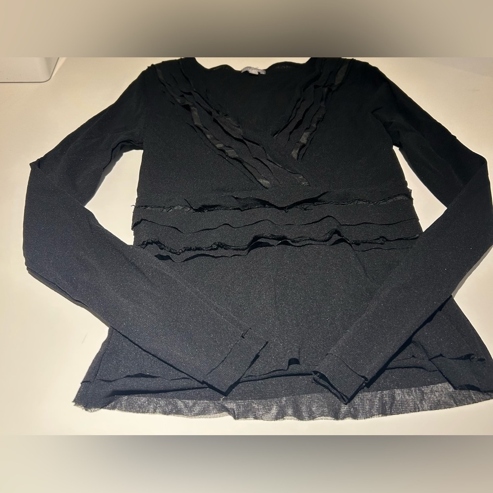 NAF NAF Black Long-Sleeve V-Neck Ruffle Trim Top